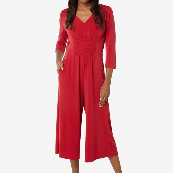 London Times Pants - London times v neck smocked jumpsuit ladies size 10 red